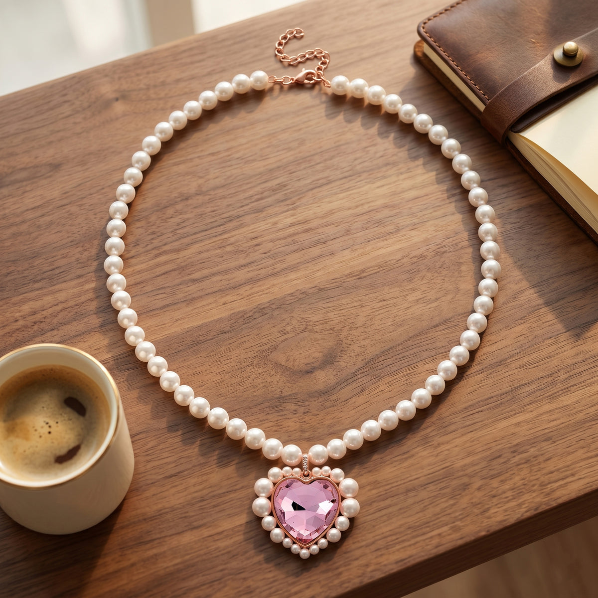 Pink Glass, White Crystal &amp; White Shell Pearl Heart Necklace (Size - 20+2 Ext) in Rose Tone V32513395 2