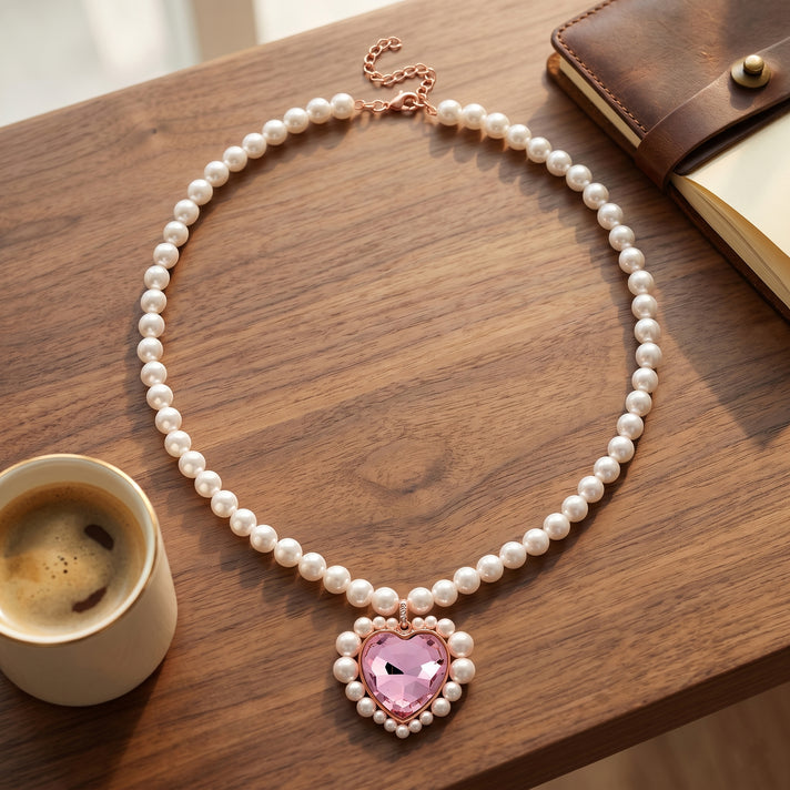 Pink Glass, White Crystal &amp; White Shell Pearl Heart Necklace (Size - 20+2 Ext) in Rose Tone 8579381 2