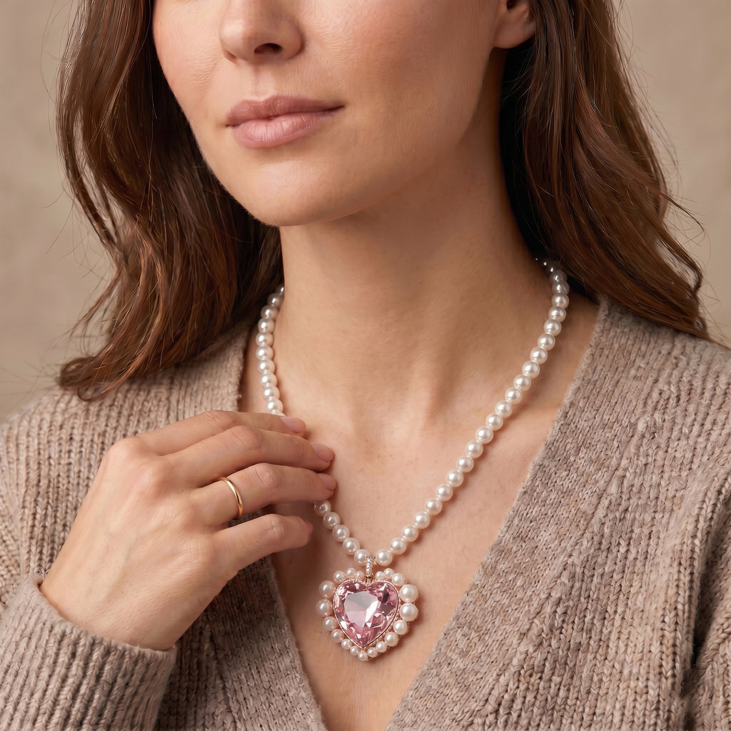 Pink Glass, White Crystal & White Shell Pearl Heart Necklace (Size - 20+2 Ext) in Rose Tone_8579381_2