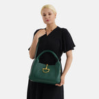 Designer Inspired Genuine Leather Horsebit Top-Handle Satchel Bag With Shoulder Strap - Dark Green_8579397_1