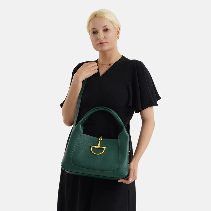 Designer Inspired Genuine Leather Horsebit Top-Handle Satchel Bag With Shoulder Strap - Dark Green 8579397 2