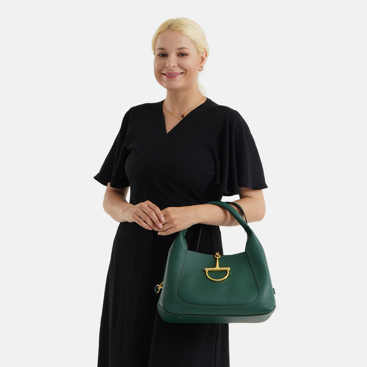 Designer Inspired Genuine Leather Horsebit Top-Handle Satchel Bag With Shoulder Strap - Dark Green 8579397 3