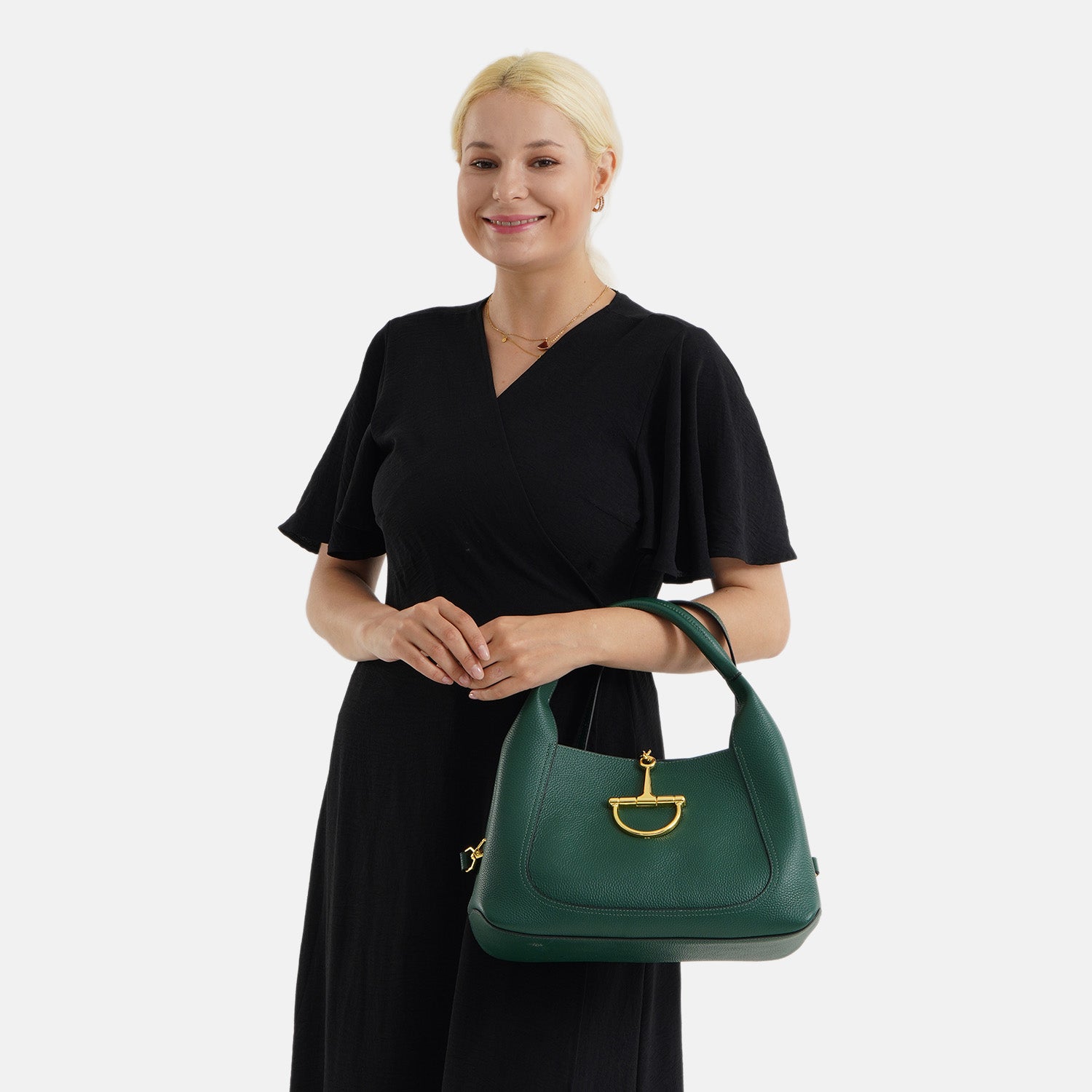Designer Inspired Genuine Leather Horsebit Top-Handle Satchel Bag With Shoulder Strap - Dark Green 8579397 3