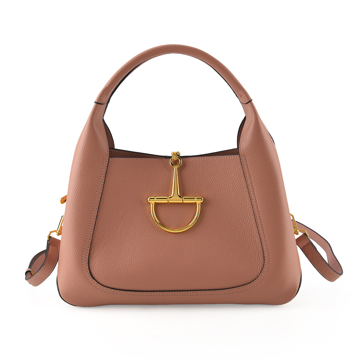Designer Inspired Genuine Leather Horsebit Top-Handle Satchel Bag With Shoulder Strap - Dusty Pink 8579398 0