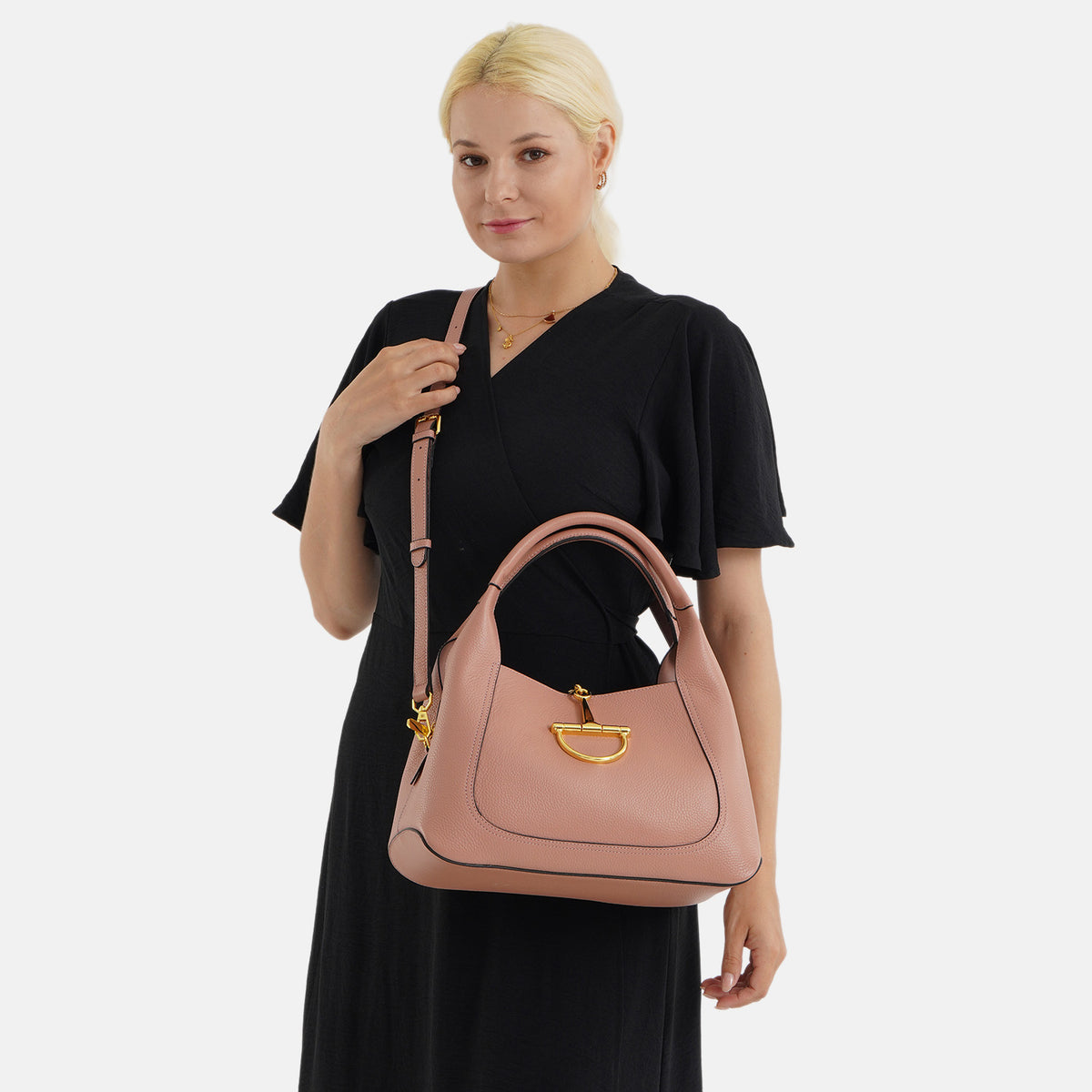Designer Inspired Genuine Leather Horsebit Top-Handle Satchel Bag With Shoulder Strap - Dusty Pink 8579398 2