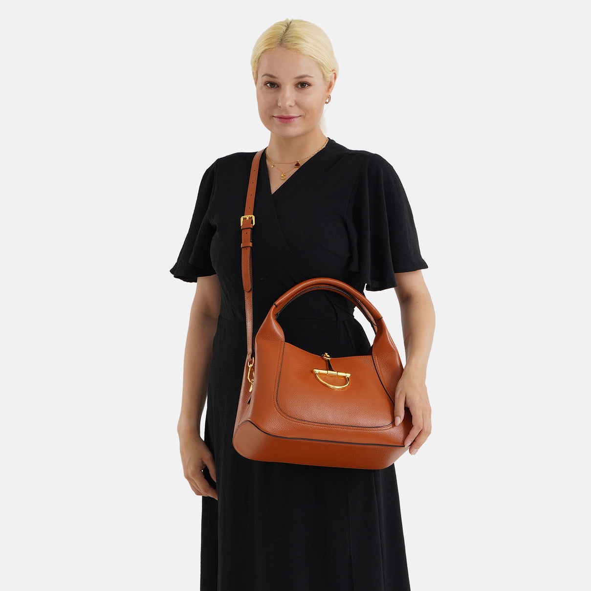 Designer Inspired Genuine Leather Horsebit Top-Handle Satchel Bag With Shoulder Strap - Tan V32520234 2