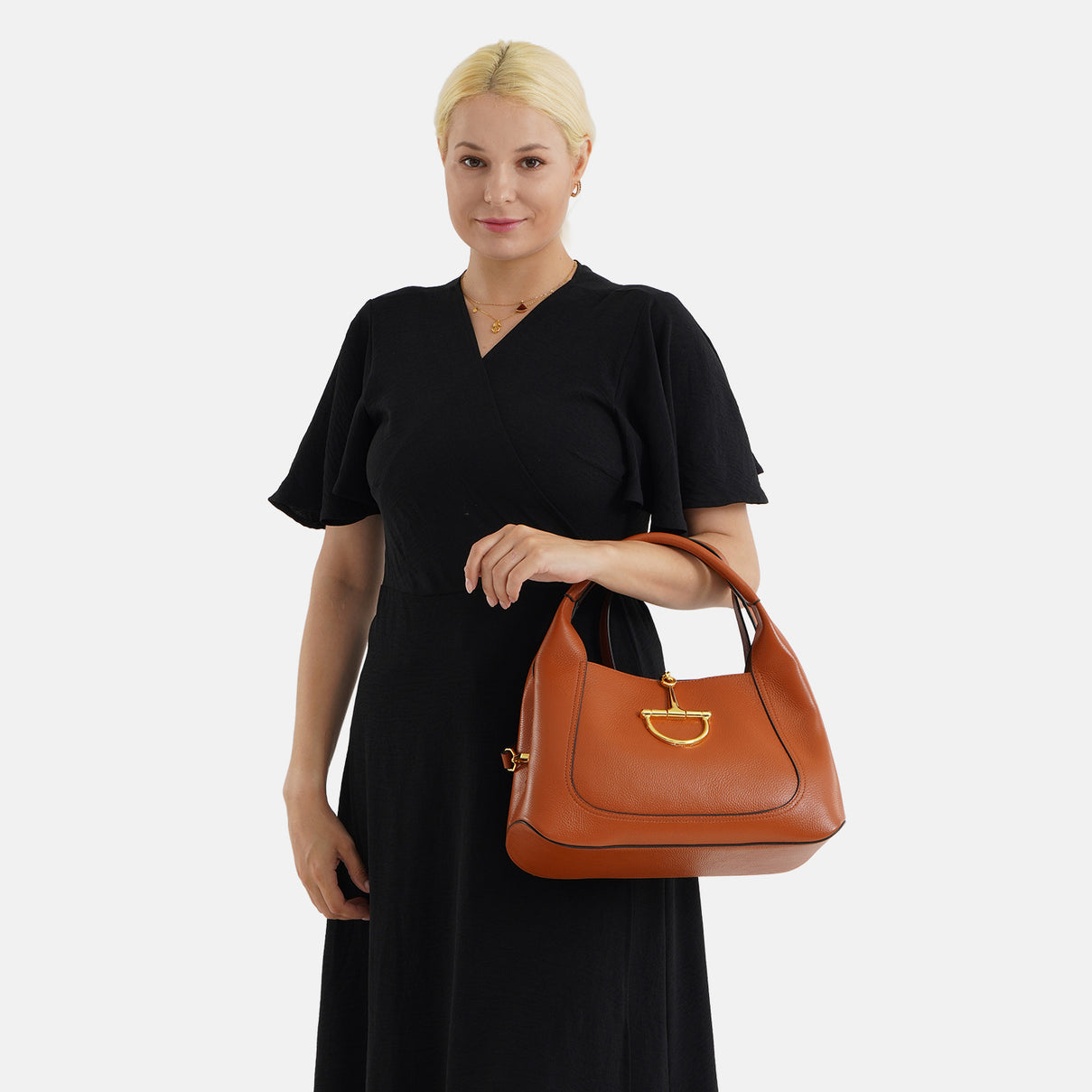 Designer Inspired Genuine Leather Horsebit Top-Handle Satchel Bag With Shoulder Strap - Tan V32520234 3