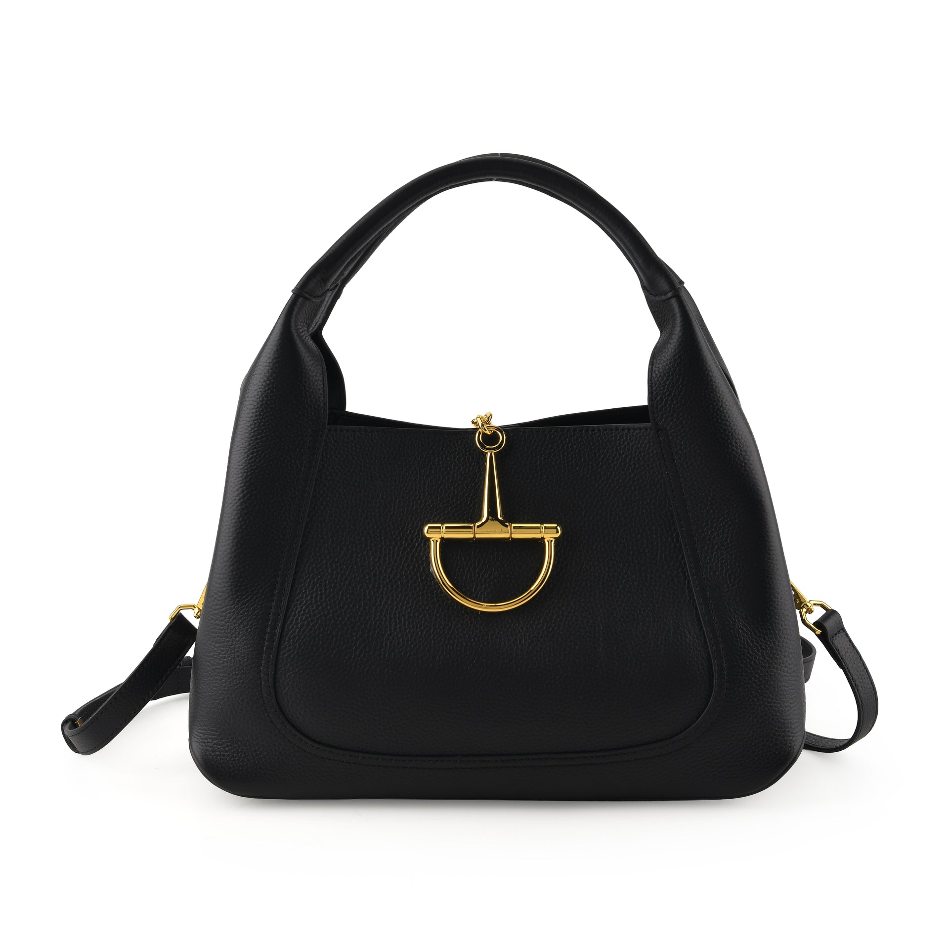 Designer Inspired Genuine Leather Horsebit Top-Handle Satchel Bag With Shoulder Strap - Black V32514188 0