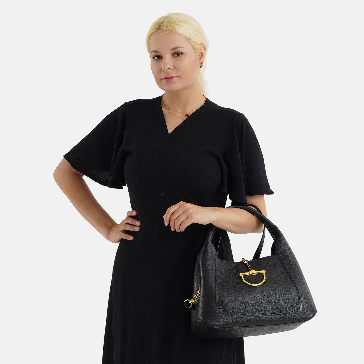 Designer Inspired Genuine Leather Horsebit Top-Handle Satchel Bag With Shoulder Strap - Black V32514188 3