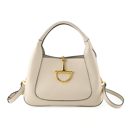 Designer Inspired Genuine Leather Horsebit Top-Handle Satchel Bag With Shoulder Strap - Off White 8579411 1