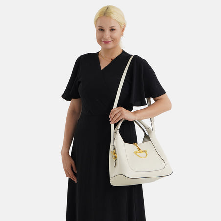 Designer Inspired Genuine Leather Horsebit Top-Handle Satchel Bag With Shoulder Strap - Off White 8579411 2