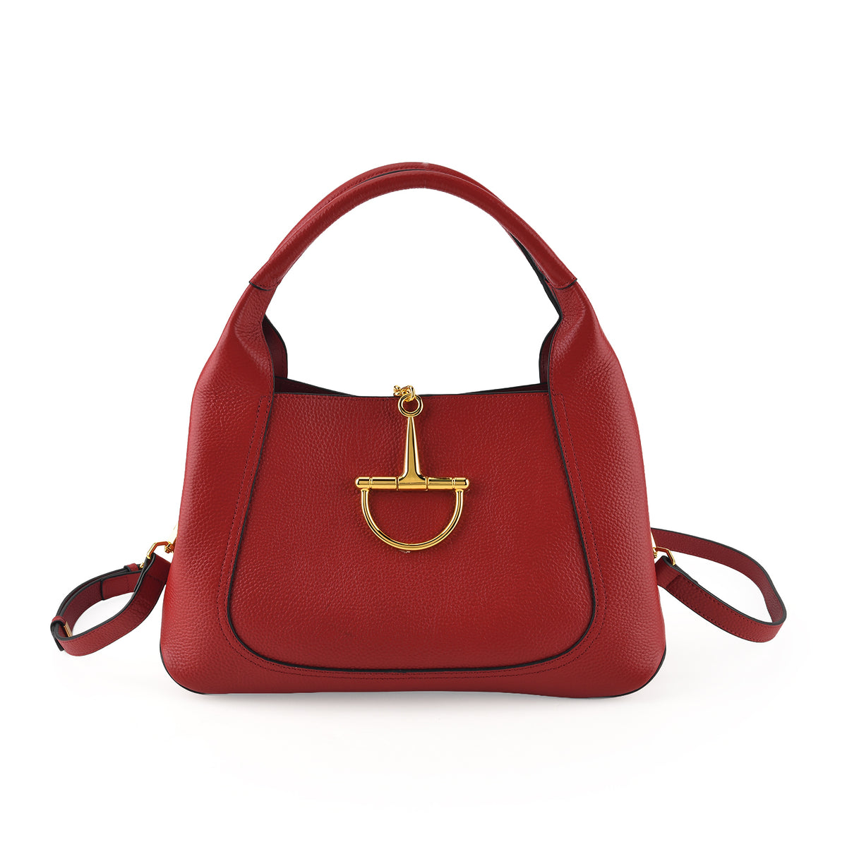 Designer Inspired Genuine Leather Horsebit Top-Handle Satchel Bag With Shoulder Strap - Dark Red V32735798 0