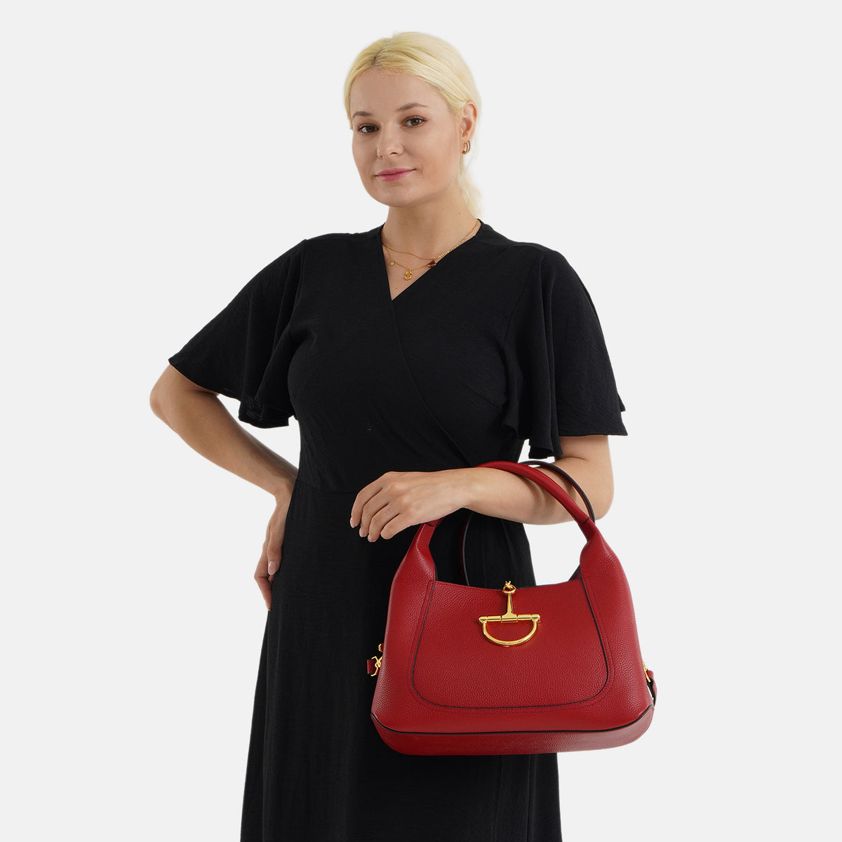 Designer Inspired Genuine Leather Horsebit Top-Handle Satchel Bag With Shoulder Strap - Dark Red V32735798 3