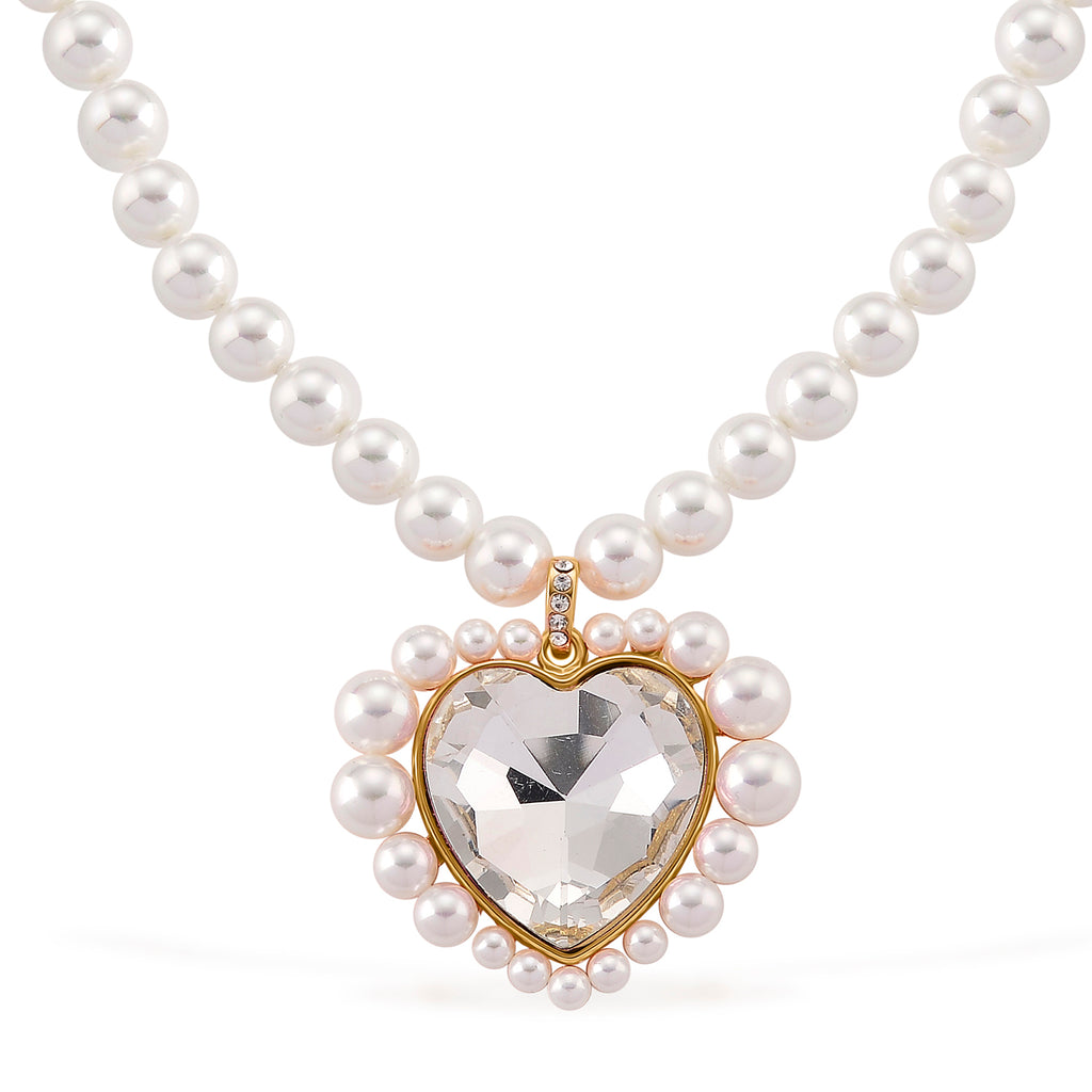 Pink Glass, White Crystal & White Shell Pearl Heart Necklace (Size - 20+2 Ext) in Yellow Tone_8579430