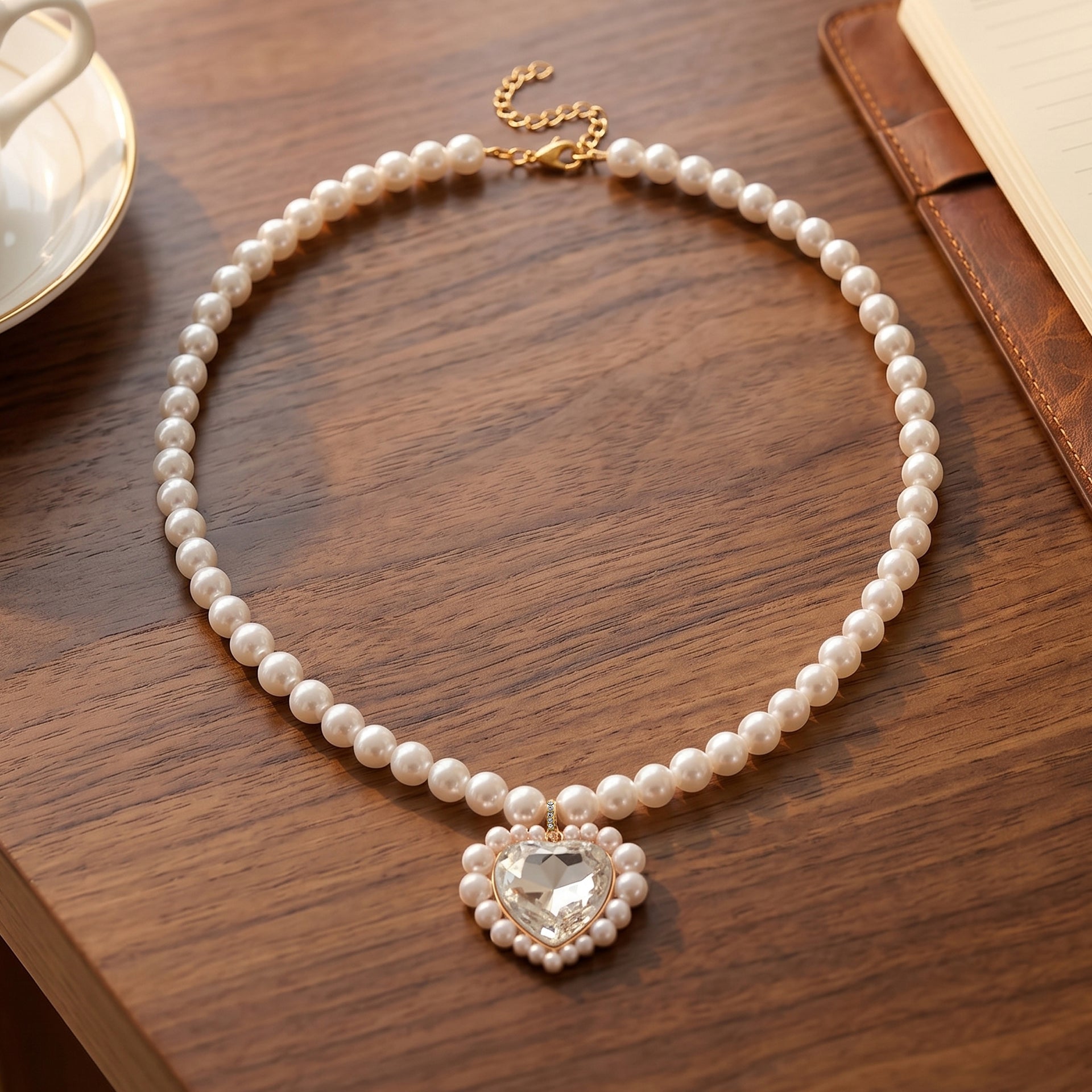 Pink Glass, White Crystal &amp; White Shell Pearl Heart Necklace (Size - 20+2 Ext) in Yellow Tone V32513122 2