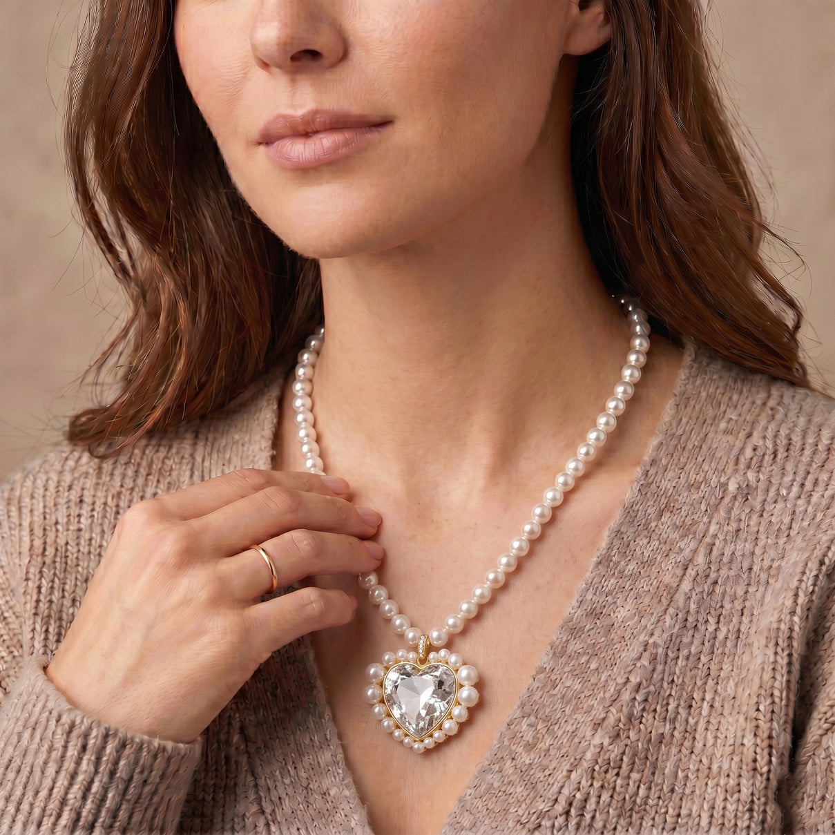 Pink Glass, White Crystal &amp; White Shell Pearl Heart Necklace (Size - 20+2 Ext) in Yellow Tone V32513122 3