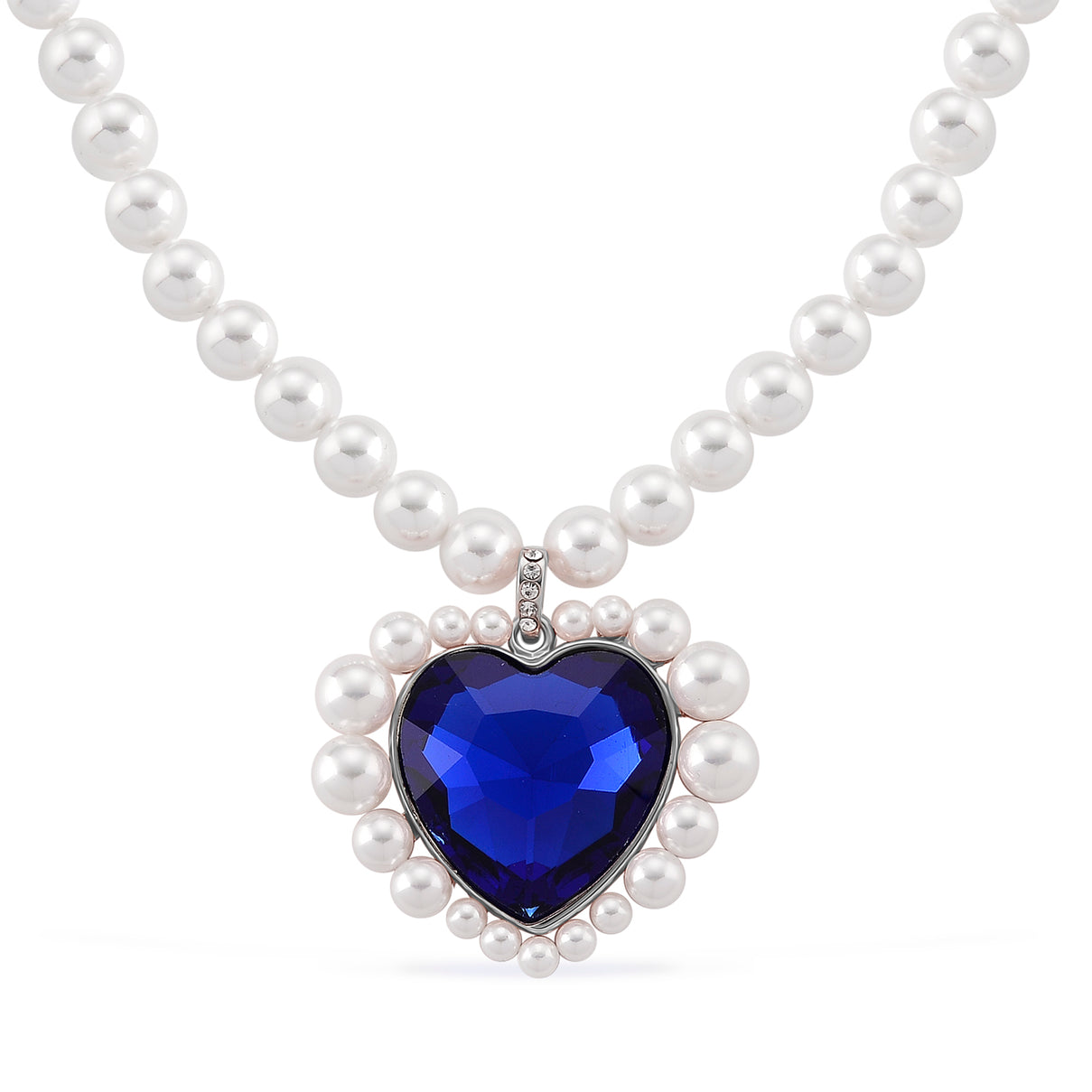 Blue Glass, White Crystal &amp; White Shell Pearl Heart Necklace (Size - 20+2 Ext) V32512873 0