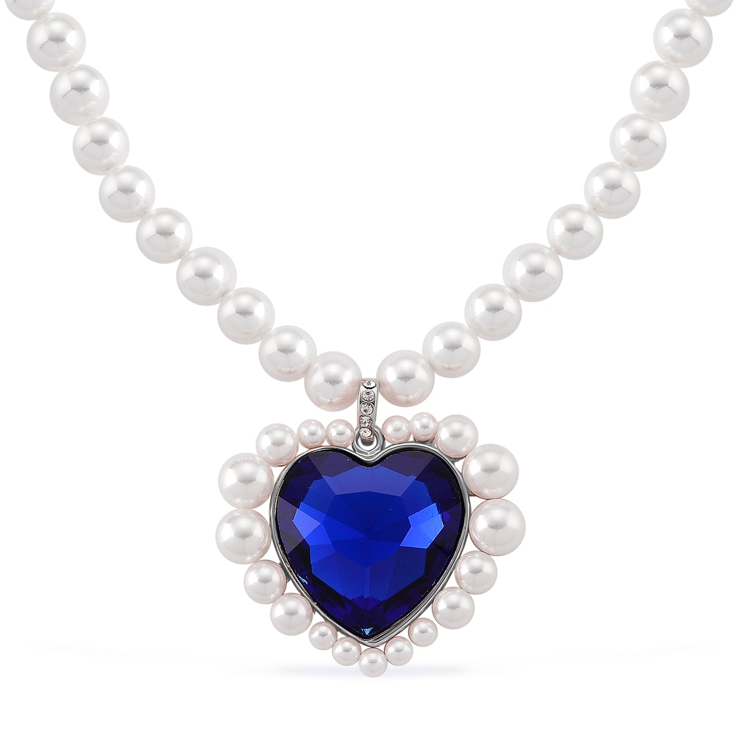 Blue Glass, White Crystal &amp; White Shell Pearl Heart Necklace (Size - 20+2 Ext) V32512873 0