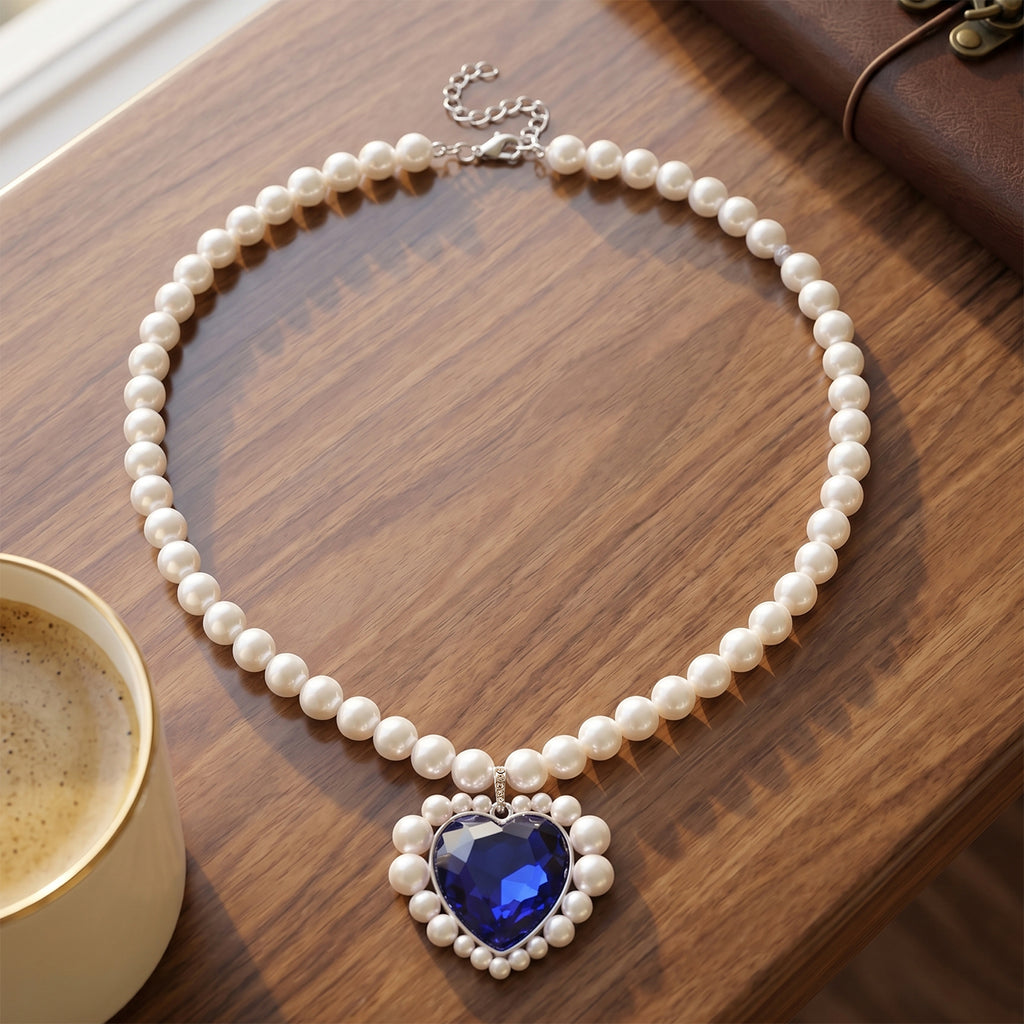 Blue Glass, White Crystal & White Shell Pearl Heart Necklace (Size - 20+2 Ext)_8579432_1