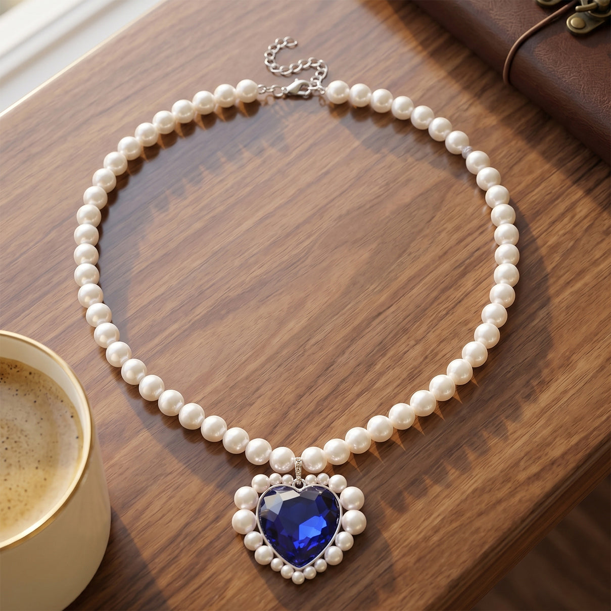 Blue Glass, White Crystal &amp; White Shell Pearl Heart Necklace (Size - 20+2 Ext) V32512873 2