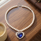 Blue Glass, White Crystal & White Shell Pearl Heart Necklace (Size - 20+2 Ext)_8579432_1