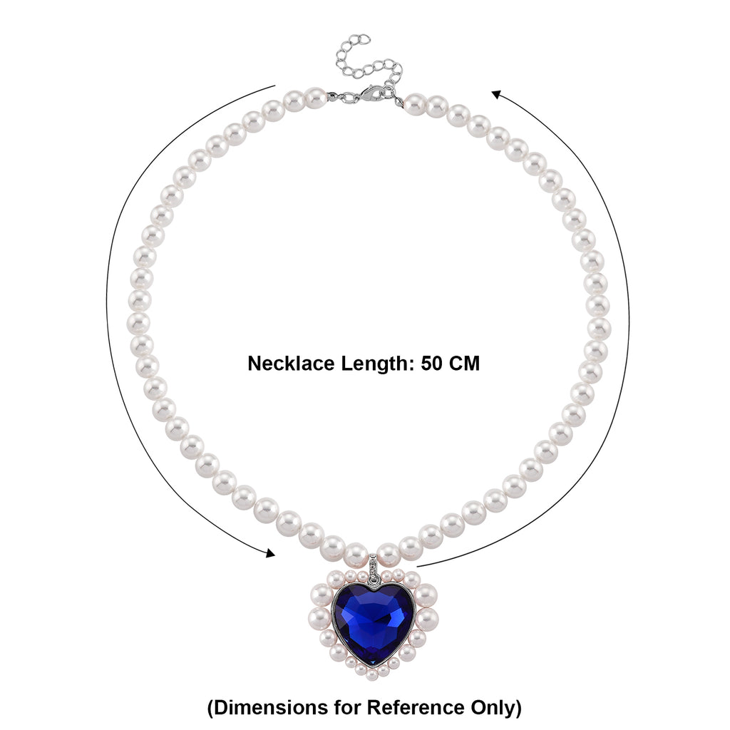 Blue Glass, White Crystal & White Shell Pearl Heart Necklace (Size - 20+2 Ext)_8579432_4