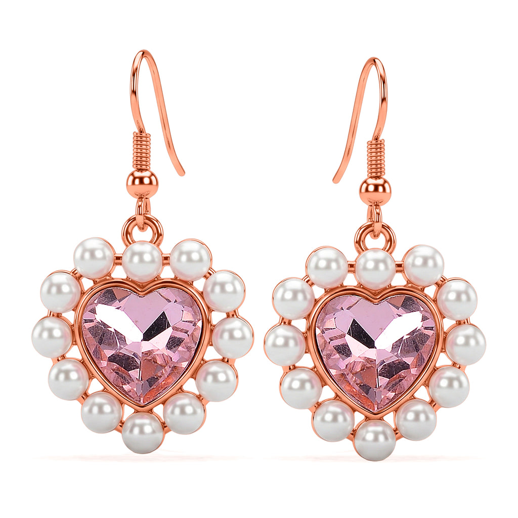 White Shell Pearl & Pink Crystal Dangling Heart Earring with Hook in Rose Tone_8579433