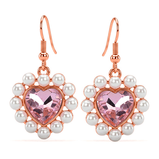 White Shell Pearl & Blue Crystal Dangling Heart Earring with Hook