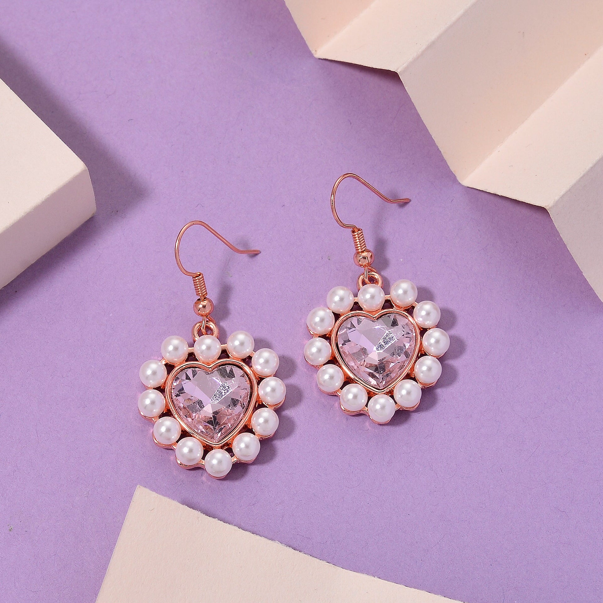 White Shell Pearl &amp; Pink Crystal Dangling Heart Earring with Hook in Rose Tone V32357824 2