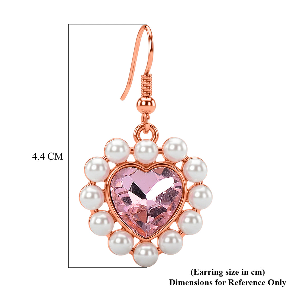 White Shell Pearl & Pink Crystal Dangling Heart Earring with Hook in Rose Tone_8579433_4