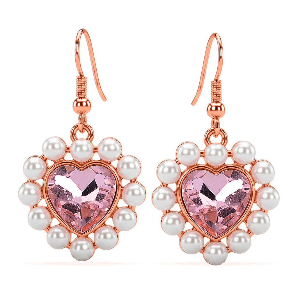 White Shell Pearl & Blue Crystal Dangling Heart Earring with Hook