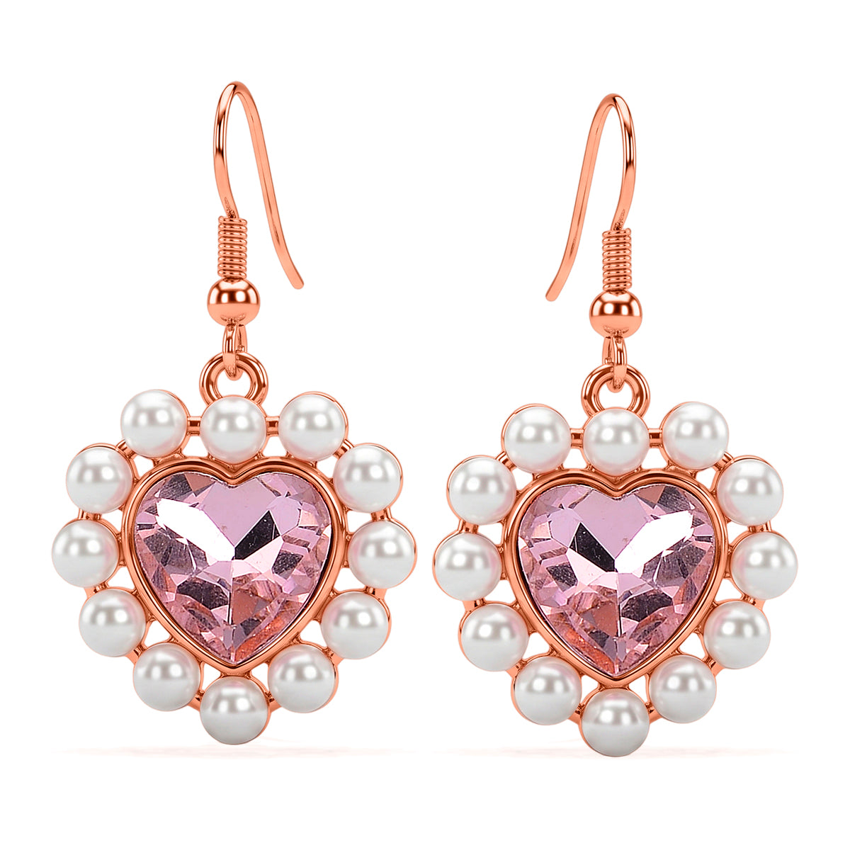 White Shell Pearl &amp; Pink Crystal Dangling Heart Earring with Hook in Rose Tone V32367274 0