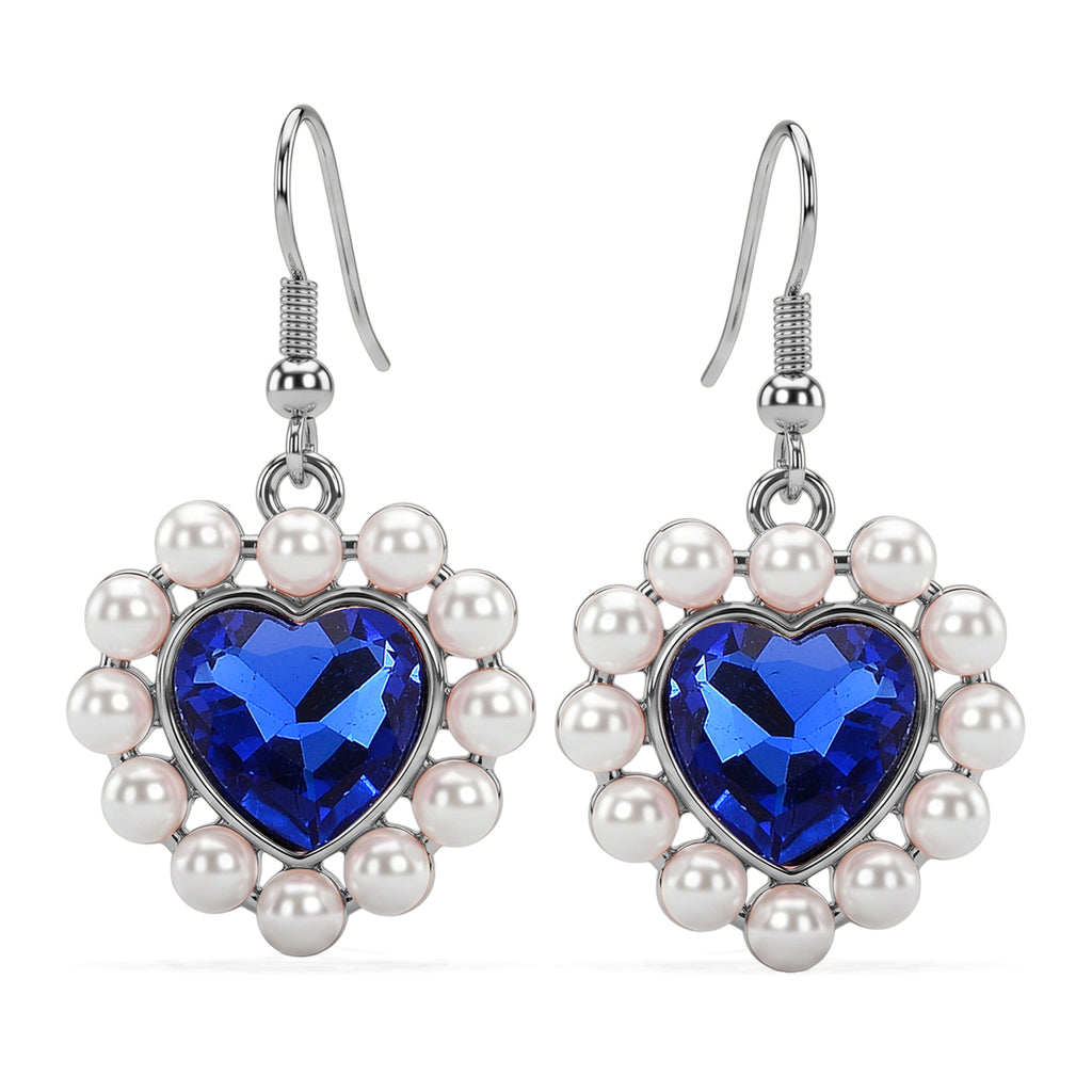 White Shell Pearl & Blue Crystal Dangling Heart Earring with Hook_8579462