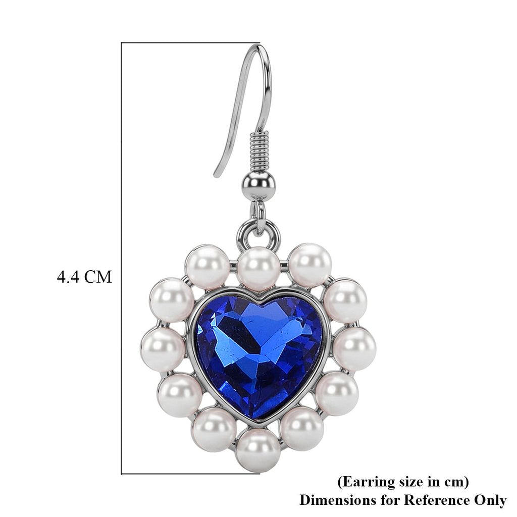 White Shell Pearl & Blue Crystal Dangling Heart Earring with Hook