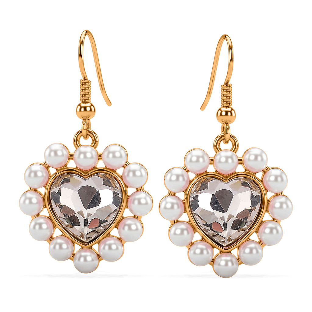 White Shell Pearl & White Crystal Dangling Heart Earring with Hook in Yellow Tone_8579463