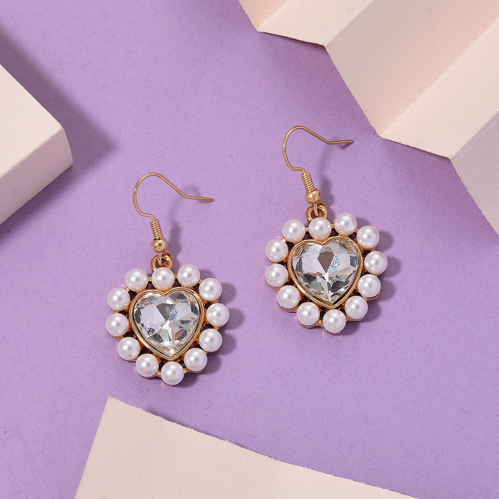 White Shell Pearl & White Crystal Dangling Heart Earring with Hook in Yellow Tone_8579463_1