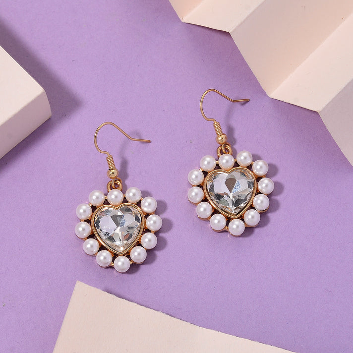 White Shell Pearl &amp; Blue Crystal Dangling Heart Earring with Hook 8579462 2