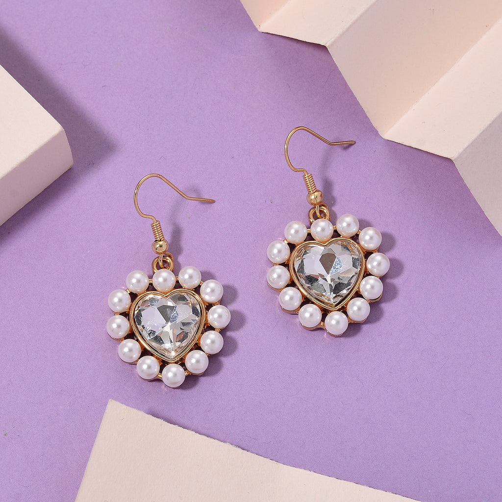 White Shell Pearl & Blue Crystal Dangling Heart Earring with Hook