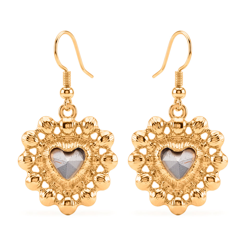 White Shell Pearl & White Crystal Dangling Heart Earring with Hook in Yellow Tone_8579463_3