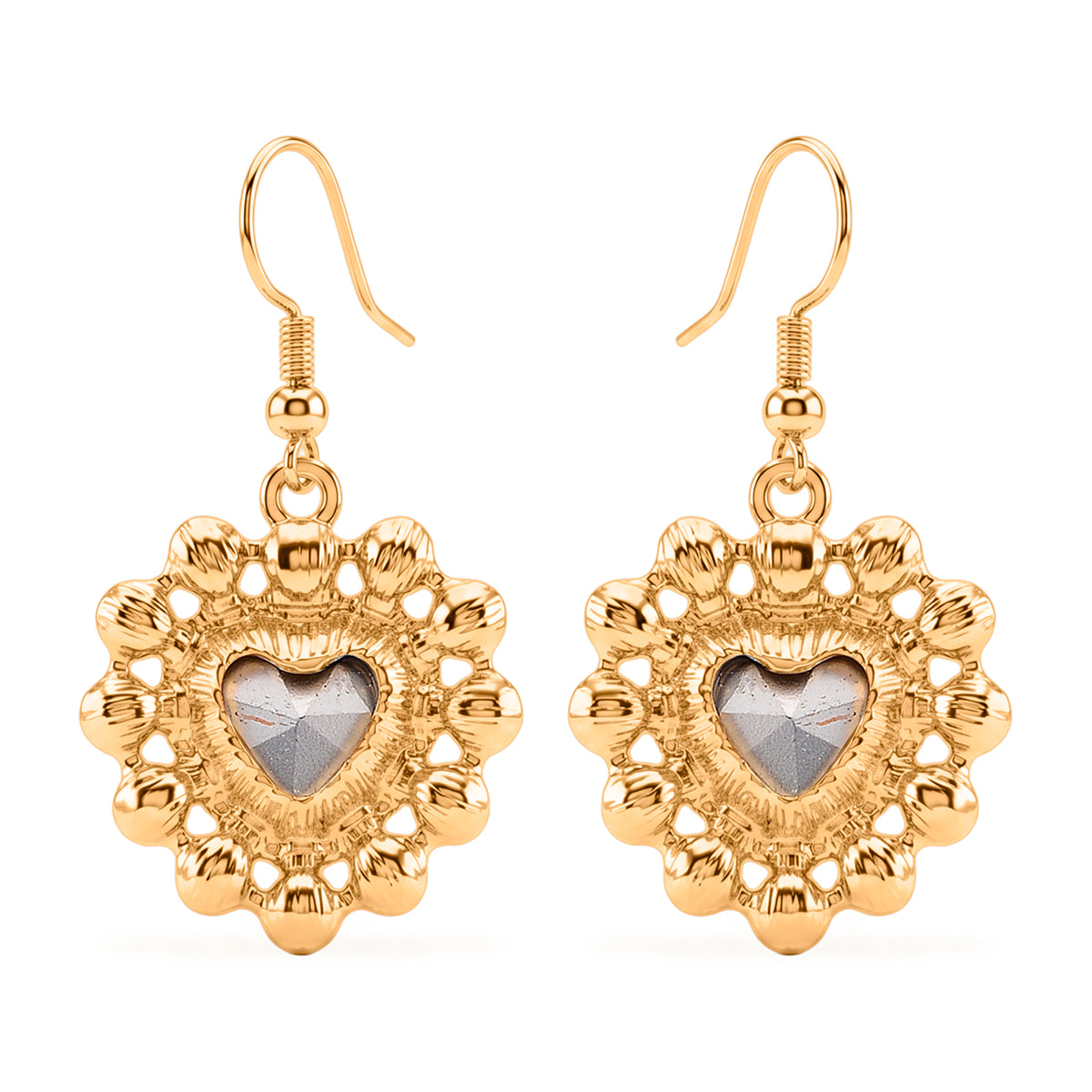 White Shell Pearl &amp; White Crystal Dangling Heart Earring with Hook in Yellow Tone V32515088 4