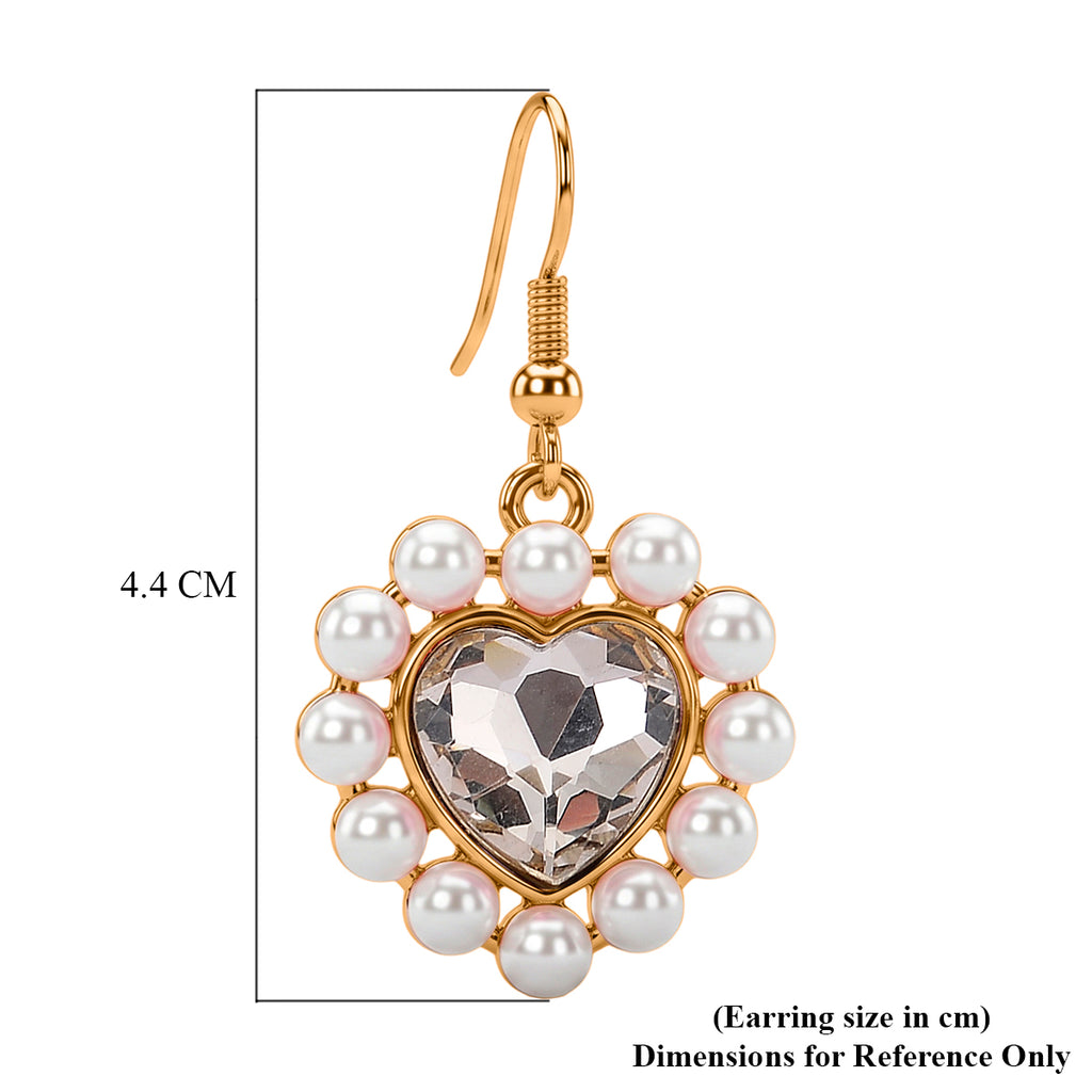 White Shell Pearl & White Crystal Dangling Heart Earring with Hook in Yellow Tone_8579463_4