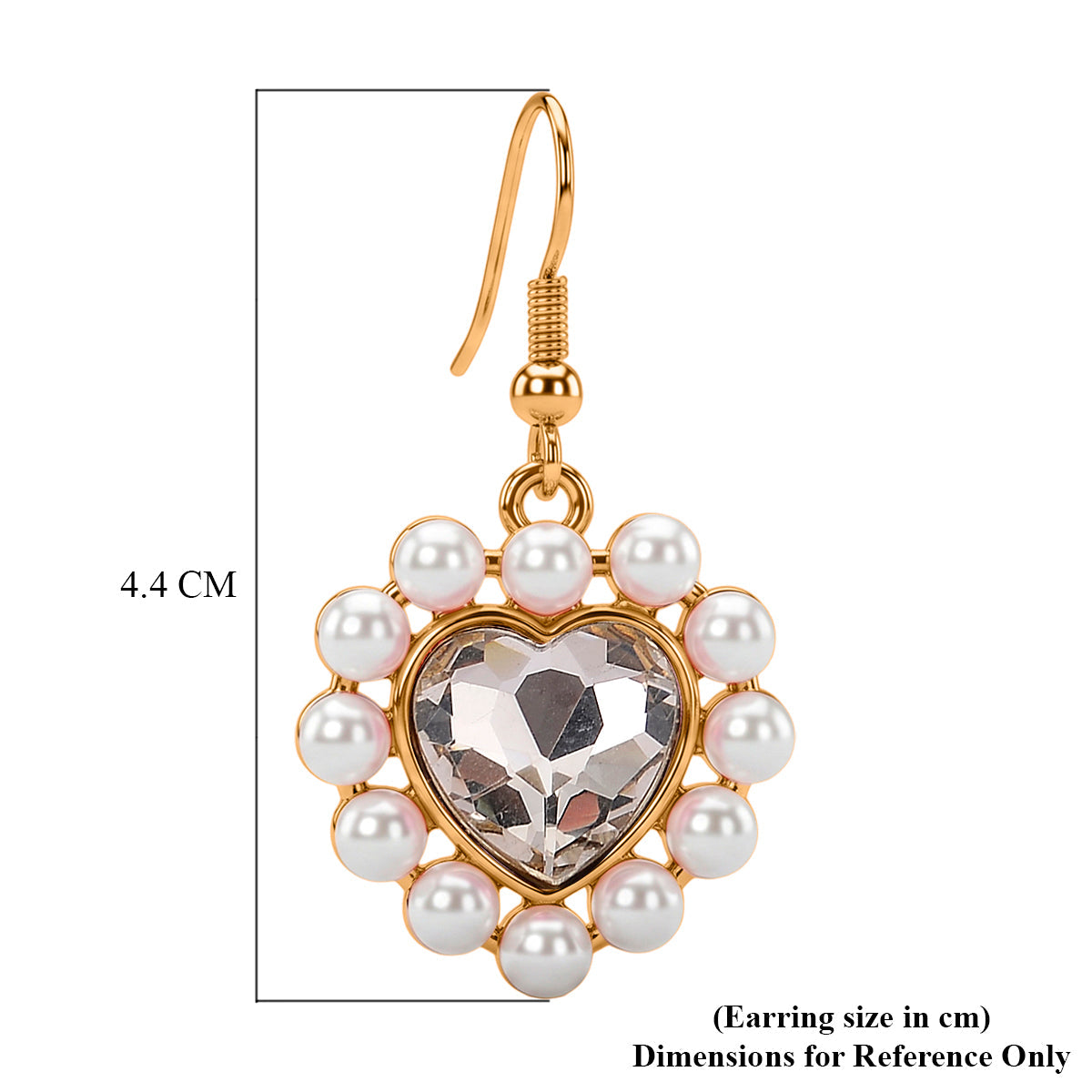 White Shell Pearl &amp; White Crystal Dangling Heart Earring with Hook in Yellow Tone V32357828 5