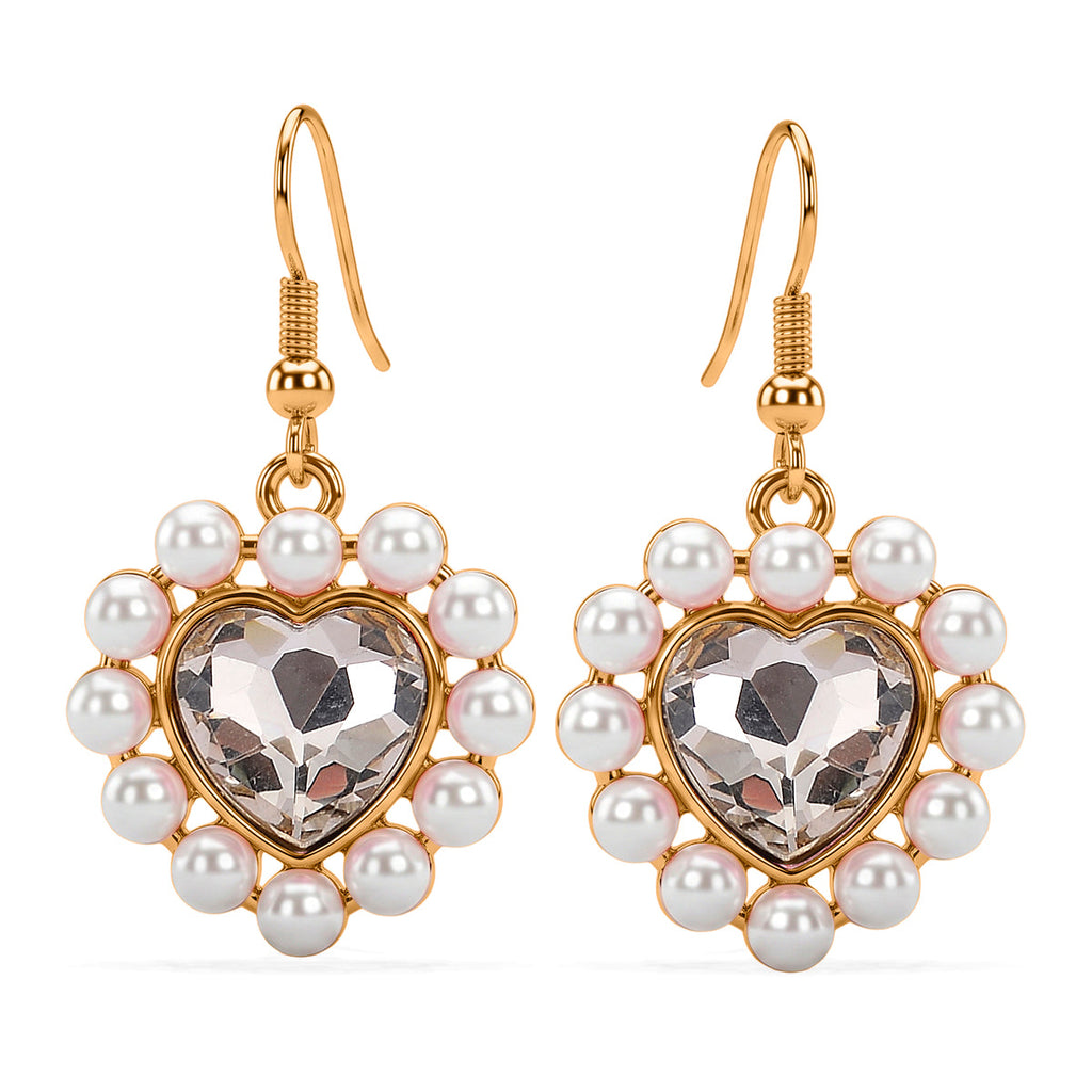 White Shell Pearl & Blue Crystal Dangling Heart Earring with Hook