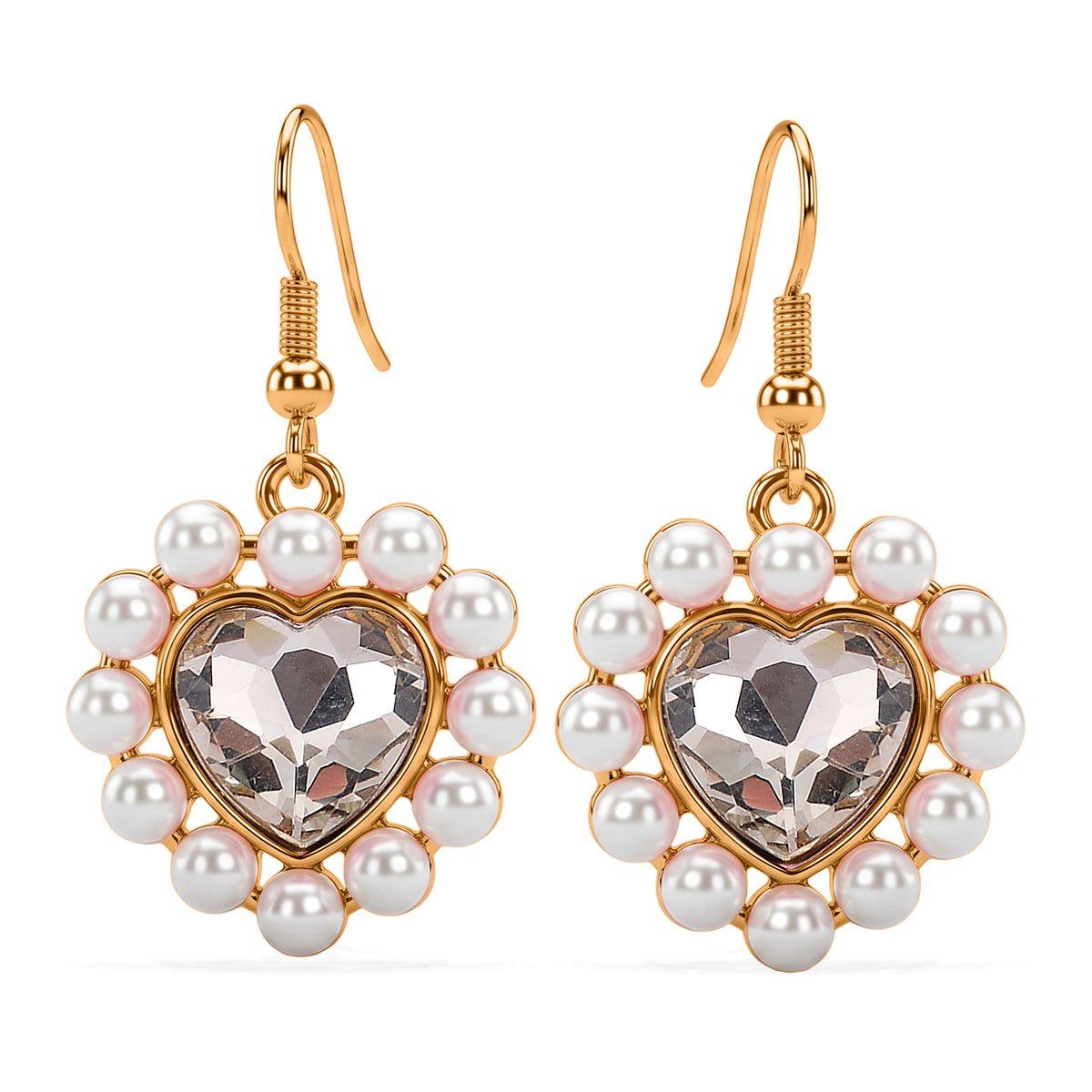 White Shell Pearl &amp; White Crystal Dangling Heart Earring with Hook in Yellow Tone V32358612 0