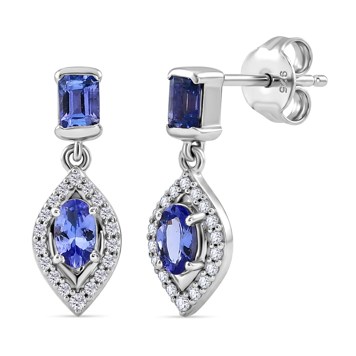 D'Joy - Tanzanite &amp; White Zircon Dangling Earring with Push Post in Rhodium Overlay Sterling Silver 1.30 Ct. 8579493 0