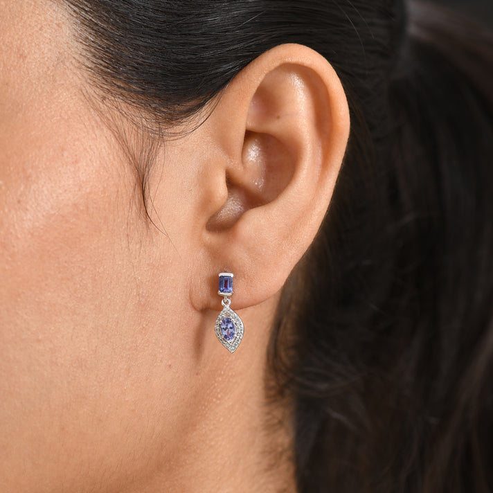 D'Joy - Tanzanite &amp; White Zircon Dangling Earring with Push Post in Rhodium Overlay Sterling Silver 1.30 Ct. 8579493 2