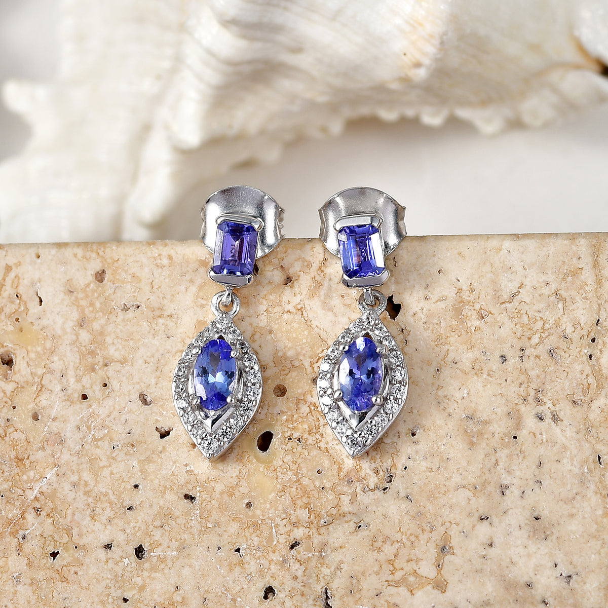D'Joy - Tanzanite &amp; White Zircon Dangling Earring with Push Post in Rhodium Overlay Sterling Silver 1.30 Ct. 8579493 3