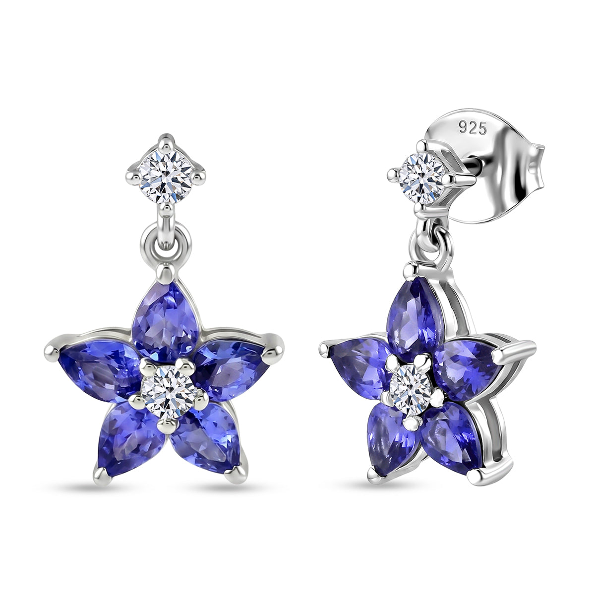 Luxuriant - Tanzanite &amp; Lab Grown Diamond (SI/G-H) Floral Dangling Earring with Push Post in Rhodium Overlay Sterling Silver 2.30 Ct. V32674898 0