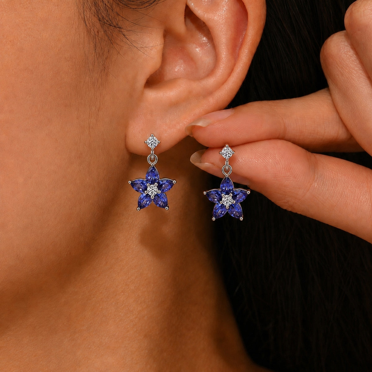 Luxuriant - Tanzanite &amp; Lab Grown Diamond (SI/G-H) Floral Dangling Earring with Push Post in Rhodium Overlay Sterling Silver 2.30 Ct. V32674898 2