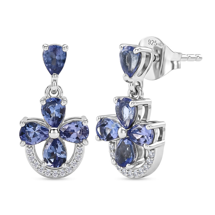 D'Joy - Tanzanite &amp; White Zircon Floral Dangling Earring with Push Post in Rhodium Overlay Sterling Silver 1.75 Ct. 8579556 1